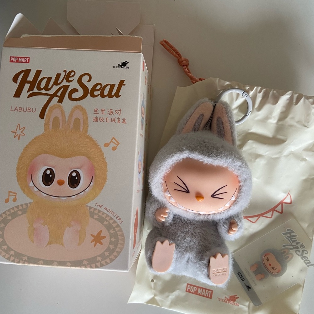 Labubu 'Have A Seat' Plush Keychain - Gray